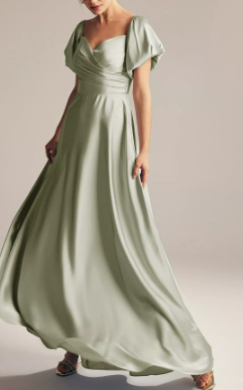 AW BRIDAL SZ 4 S sage green Dey satin puff sleeve bridesmaid maxi dress NEW B30